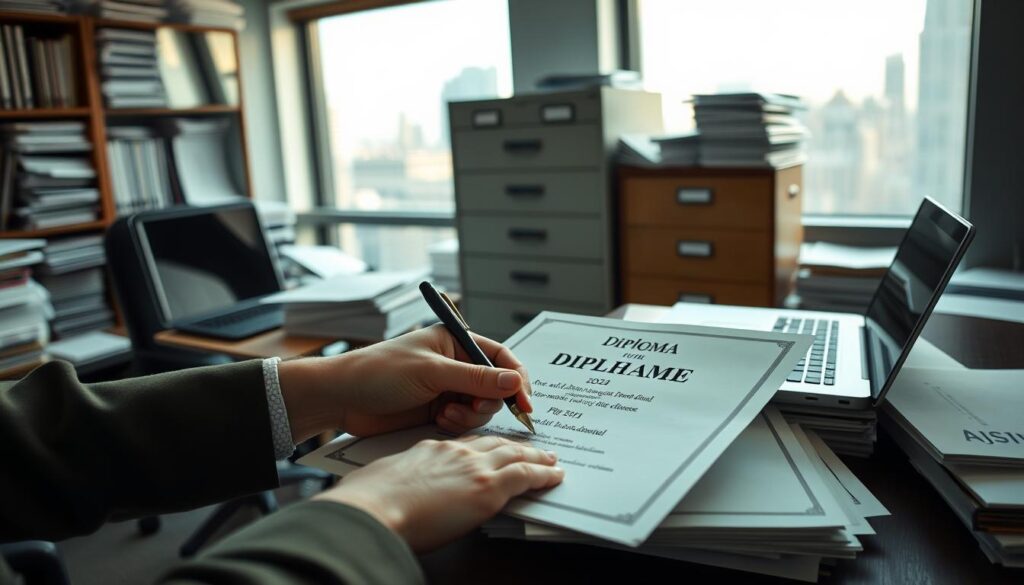 A busy office scene with a person sitting at a desk, surrounded by stacks of documents and a laptop. In the foreground, a hand is signing a diploma certificate, representing the "purchase" aspect. The middle ground features a filing cabinet and shelves filled with more diplomas, hinting at the scale of the operation. The background showcases a window overlooking a cityscape, casting a warm, natural light into the room. The overall atmosphere conveys an air of efficiency and professionalism, though with a subtle sense of unease or moral ambiguity. A busy office scene with a person sitting at a desk, surrounded by stacks of documents and a laptop. In the foreground, a hand is signing a diploma certificate, representing the "purchase" aspect. The middle ground features a filing cabinet and shelves filled with more diplomas, hinting at the scale of the operation. The background showcases a window overlooking a cityscape, casting a warm, natural light into the room. The overall atmosphere conveys an air of efficiency and professionalism, though with a subtle sense of unease or moral ambiguity.