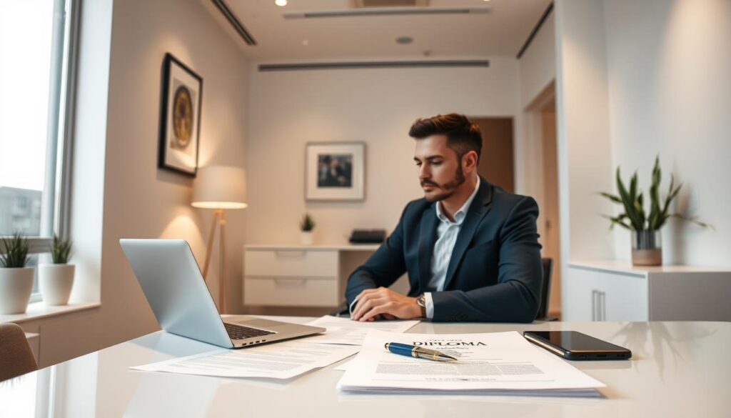 A modern, well-lit office interior with a person seated at a desk, focused on a laptop screen. On the desk, various documents, a pen, and a diploma are visible, symbolizing the process of purchasing an academic credential. The room is adorned with clean lines, minimalist decor, and neutral tones, creating a professional and trustworthy atmosphere. Soft, directional lighting illuminates the scene, casting subtle shadows and highlights to emphasize the importance of the transaction. The overall composition conveys a sense of legitimacy and confidence in the diploma purchasing process. A modern, well-lit office interior with a person seated at a desk, focused on a laptop screen. On the desk, various documents, a pen, and a diploma are visible, symbolizing the process of purchasing an academic credential. The room is adorned with clean lines, minimalist decor, and neutral tones, creating a professional and trustworthy atmosphere. Soft, directional lighting illuminates the scene, casting subtle shadows and highlights to emphasize the importance of the transaction. The overall composition conveys a sense of legitimacy and confidence in the diploma purchasing process.