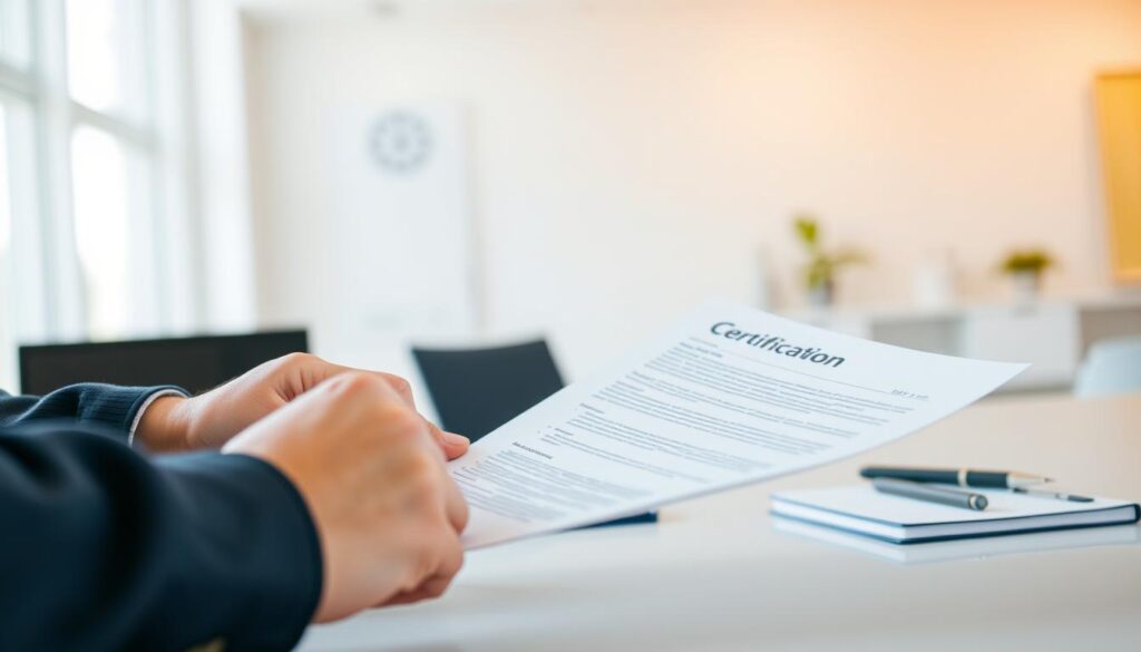 Comprar Diploma Anápolis Online com Segurança 1 A secure process for obtaining a certificate, set against a clean, professional backdrop. In the foreground, a person's hands carefully handling official-looking documents, representing the care and attention to detail in the process. The middle ground showcases a modern, minimalist office environment, with a laptop, pen, and other accoutrements of a formal setting. The background is softly blurred, conveying a sense of focus and organization. Warm, natural lighting illuminates the scene, creating a sense of trustworthiness and reliability. The overall mood is one of efficiency, transparency, and confidence in the certificate acquisition process.