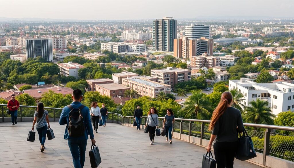 Comprar Diploma Aparecida de Goiânia - Guia Completo 1 A serene cityscape of Aparecida de Goiânia, a bustling suburb of Goiânia, Brazil. In the foreground, students hurry to and fro, briefcases in hand, eager to attend the most popular courses in the area - vocational training, IT, and business management programs. In the middle ground, modern educational institutions stand tall, their facades reflecting the vibrant, dynamic energy of the city. The background is a panorama of residential neighborhoods, interspersed with lush greenery, hinting at the work-life balance that draws many to this thriving community. Soft, diffused lighting bathes the scene, creating a sense of warmth and productivity. The overall composition conveys the educational and professional aspirations of Aparecida de Goiânia's residents.