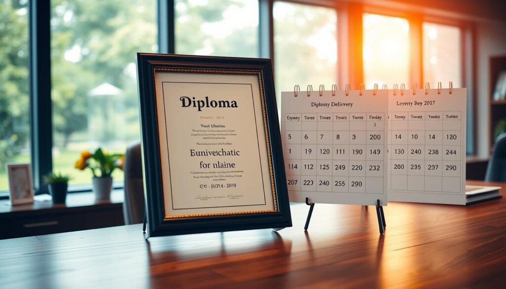 A serene office setting with a wooden desk, a diploma frame, and a calendar showcasing the delivery dates for diplomas. Warm, natural lighting filters through large windows, casting a soft glow on the scene. The diploma frame stands prominently, conveying a sense of accomplishment and recognition. The calendar displays the upcoming deadlines for diploma distribution, hinting at the organization and efficiency of the institution. The overall atmosphere is one of professionalism, attention to detail, and a commitment to timely delivery of educational credentials. A serene office setting with a wooden desk, a diploma frame, and a calendar showcasing the delivery dates for diplomas. Warm, natural lighting filters through large windows, casting a soft glow on the scene. The diploma frame stands prominently, conveying a sense of accomplishment and recognition. The calendar displays the upcoming deadlines for diploma distribution, hinting at the organization and efficiency of the institution. The overall atmosphere is one of professionalism, attention to detail, and a commitment to timely delivery of educational credentials.