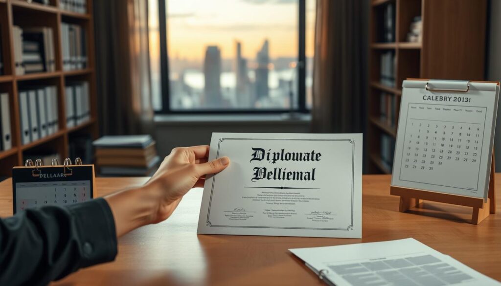 A serene, well-lit office setting with a wooden desk, a diploma prominently displayed, and a calendar showing the current month and day. In the foreground, a person's hands are carefully placing the diploma into a protective sleeve, conveying a sense of pride and attention to detail. The background features bookshelves, a window overlooking a tranquil city skyline, and subtle lighting that creates a warm, professional atmosphere. The overall composition evokes a sense of accomplishment, order, and the timely delivery of an important academic credential. A serene, well-lit office setting with a wooden desk, a diploma prominently displayed, and a calendar showing the current month and day. In the foreground, a person's hands are carefully placing the diploma into a protective sleeve, conveying a sense of pride and attention to detail. The background features bookshelves, a window overlooking a tranquil city skyline, and subtle lighting that creates a warm, professional atmosphere. The overall composition evokes a sense of accomplishment, order, and the timely delivery of an important academic credential.