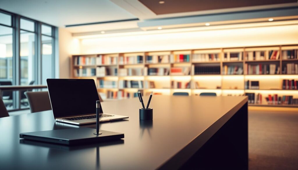 Comprar Diploma Anápolis Online com Segurança 2 A sleek, modern office interior with a large desk and a minimalist aesthetic. On the desk, a laptop and a pen stand, symbolizing academic work. In the background, a bookshelf filled with academic texts, hinting at the educational context. The lighting is warm and focused, creating a professional and productive atmosphere. The overall scene conveys a sense of diligence, attention to detail, and a commitment to preventing academic fraud.