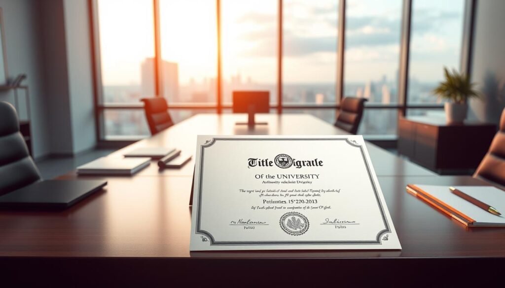 Comprar Diploma Aparecida de Goiânia - Guia Completo 2 A sleek, modern office workspace with a well-organized desk showcasing a pristine, authentic university diploma. The diploma is centrally positioned, bathed in warm, directional lighting that highlights its intricate details and embossed seal. The background features a minimalist, clean-lined interior design with a large window overlooking a serene cityscape. The overall scene conveys a sense of professionalism, achievement, and the value of an official, legitimate educational credential.