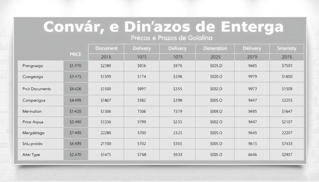 A sleek, modern table displaying a clear and comprehensive price and delivery timeline for various document types, set against a neutral, minimalist background. The table features clean lines, bold typography, and a color palette of greys and blues to convey a sense of professionalism and reliability. The layout is intuitive and easy to navigate, with well-defined columns and rows. Soft, diffused lighting illuminates the table, creating a warm and inviting atmosphere. The overall composition exudes a sense of trust and transparency, perfectly suited to illustrate the "Preços e Prazos de Entrega" section of the article "Comprar Diploma Goiânia: Guia Completo e Seguro." A sleek, modern table displaying a clear and comprehensive price and delivery timeline for various document types, set against a neutral, minimalist background. The table features clean lines, bold typography, and a color palette of greys and blues to convey a sense of professionalism and reliability. The layout is intuitive and easy to navigate, with well-defined columns and rows. Soft, diffused lighting illuminates the table, creating a warm and inviting atmosphere. The overall composition exudes a sense of trust and transparency, perfectly suited to illustrate the "Preços e Prazos de Entrega" section of the article "Comprar Diploma Goiânia: Guia Completo e Seguro."