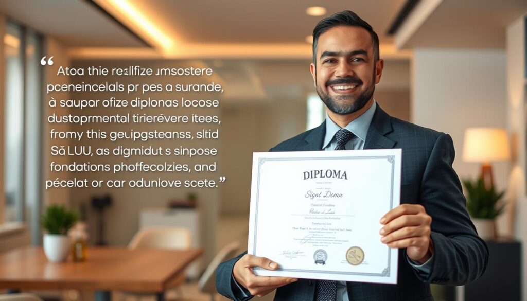 Comprar Diploma Imperatriz | Comprar Diploma São Luís 2 A testimonial from a satisfied customer, standing proudly holding their newly acquired diploma from "realiza diplomas" in São Luís. The document is crisp and authentic, with a seal and signature prominently displayed. The customer's expression is one of joy and accomplishment, against a backdrop of a modern, well-appointed office space. Soft, warm lighting casts a professional, aspirational atmosphere. The scene conveys a sense of trust, reliability, and the value of a genuine educational credential obtained through "realiza diplomas" in São Luís.