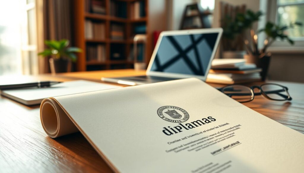 Comprar Diploma Imperatriz | Comprar Diploma São Luís 1 A university graduation diploma on a wooden desk, illuminated by warm lighting and cast shadows. In the foreground, the diploma is prominently displayed, its official-looking seal and embossed text conveying a sense of prestige and accomplishment. In the middle ground, a laptop, pen, and glasses suggest the scholarly environment. The background features a bookshelf, potted plant, and other academic accoutrements, creating a refined, professional atmosphere. The overall scene exudes a mood of success and achievement. The text "realiza diplomas" is discreetly printed on the diploma's corner.