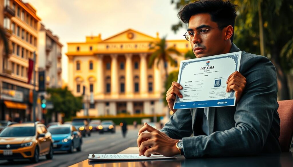 Comprar Diploma Jataí: Realiza Diplomas Rápido 2 A bustling city street in Jataí, Brazil, with a stately university building in the background. In the foreground, a person seated at a desk, engrossed in the process of purchasing a diploma. The scene is bathed in warm, golden lighting, creating a sense of professionalism and legitimacy. The person's expression is one of focused determination, reflecting the importance of this transaction. Intricate details of the diploma document and the electronic payment interface are visible, showcasing the seamless and efficient nature of the diploma purchasing process. The overall atmosphere conveys a sense of confidence and reliability in obtaining a diploma from this reputable institution.