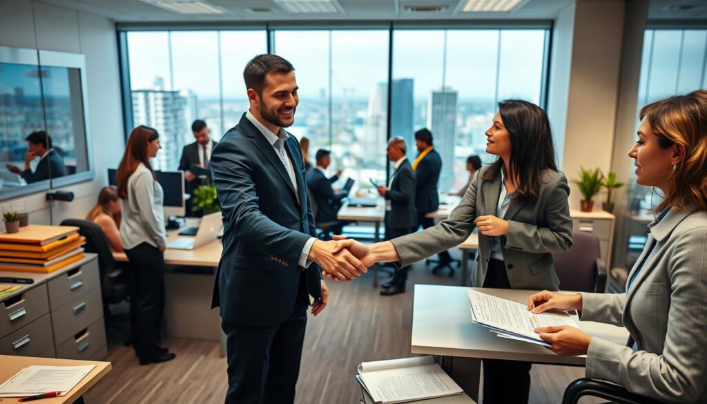 Comprar Diploma Itaberaí: Solução para Diplomas 1 A bustling office environment, with professionals in business attire engaged in discussions and paperwork, symbolizing the legal recognition and integration of individuals in the job market. The scene is well-lit, with a warm, inviting tone, conveying a sense of professionalism and opportunity. In the foreground, a handshake between two individuals, representing the successful navigation of legal employment processes. The middle ground features desks, computers, and filing cabinets, denoting the administrative aspects of the workplace. In the background, a large window overlooking a cityscape, suggesting the broader societal context of this legal recognition. An atmosphere of collaboration, progress, and the empowerment of individuals to thrive in their chosen careers.