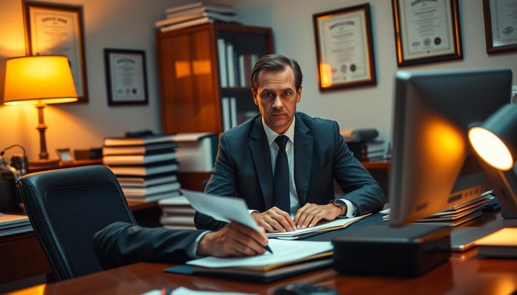 Comprar Diploma Cristalina: Como Realizar Diplomas? 1 A bustling office scene in Cristalina, Brazil, where a man in a suit sits at a desk, meticulously processing diploma orders. Warm, ambient lighting casts a professional atmosphere, while a bookshelf and framed certificates adorn the background. The man's expression is focused, hinting at the step-by-step process of obtaining diplomas. Subtle details, such as a computer monitor and paperwork, convey the administrative nature of the transaction. The overall mood is one of efficiency and discretion, reflecting the sensitive nature of this service.