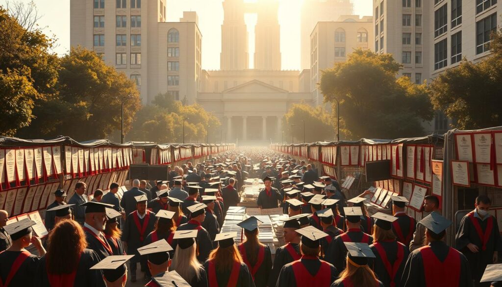 A bustling university diploma market, crowded with rows of colorful graduation gowns and mortarboards. In the foreground, merchants peddle their wares, haggling with eager customers seeking quick academic credentials. The middle ground is a maze of makeshift stalls, each displaying an array of diplomas from prestigious institutions. Warm, golden sunlight filters through the scene, casting a vibrant, almost celebratory atmosphere. In the background, towering university buildings loom, their façades a stark contrast to the informal transactions taking place below. The overall impression is one of an underground economy, where academic achievements can be readily acquired, for a price. A bustling university diploma market, crowded with rows of colorful graduation gowns and mortarboards. In the foreground, merchants peddle their wares, haggling with eager customers seeking quick academic credentials. The middle ground is a maze of makeshift stalls, each displaying an array of diplomas from prestigious institutions. Warm, golden sunlight filters through the scene, casting a vibrant, almost celebratory atmosphere. In the background, towering university buildings loom, their façades a stark contrast to the informal transactions taking place below. The overall impression is one of an underground economy, where academic achievements can be readily acquired, for a price.