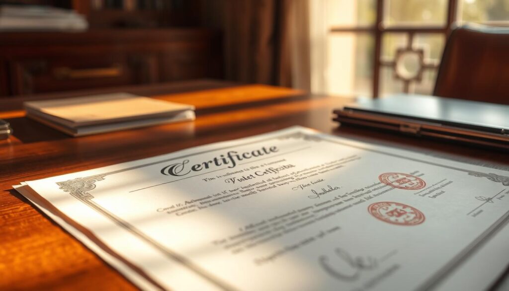 A close-up of an official, authenticated document presented on a wooden desk. The document is crisp and pristine, with a watermark visible in the background. Elegant calligraphic text and seals adorn the edges, conveying a sense of legitimacy and authority. Warm, natural lighting from a nearby window casts a soft glow, highlighting the document's intricate details. The scene evokes a sense of trust, security, and the assurance of a genuine, verified credential. A close-up of an official, authenticated document presented on a wooden desk. The document is crisp and pristine, with a watermark visible in the background. Elegant calligraphic text and seals adorn the edges, conveying a sense of legitimacy and authority. Warm, natural lighting from a nearby window casts a soft glow, highlighting the document's intricate details. The scene evokes a sense of trust, security, and the assurance of a genuine, verified credential.