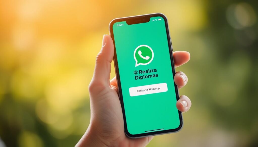 A close-up shot of a hand holding a smartphone displaying the Realiza Diplomas logo, the screen showing the WhatsApp chat interface with a "Contato via WhatsApp" message. The image has a warm, natural lighting, creating a welcoming and approachable atmosphere. The background is blurred, keeping the focus on the phone screen and the hand gesture. The composition is balanced, with the phone positioned prominently in the frame, conveying the ease and accessibility of contacting Realiza Diplomas through WhatsApp. A close-up shot of a hand holding a smartphone displaying the Realiza Diplomas logo, the screen showing the WhatsApp chat interface with a "Contato via WhatsApp" message. The image has a warm, natural lighting, creating a welcoming and approachable atmosphere. The background is blurred, keeping the focus on the phone screen and the hand gesture. The composition is balanced, with the phone positioned prominently in the frame, conveying the ease and accessibility of contacting Realiza Diplomas through WhatsApp.