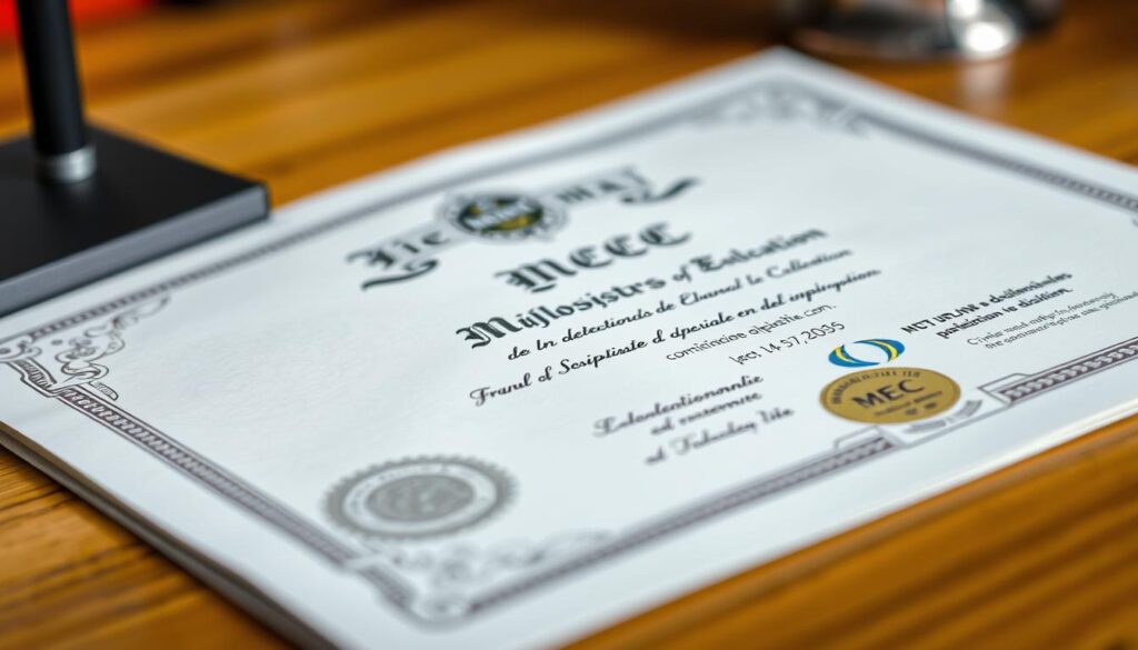 A close-up view of a diploma from the Brazilian Ministry of Education (MEC), displayed on a wooden desk with a blurred background. The diploma is authentic-looking, with intricate patterns, watermarks, and official seals, exuding a sense of legitimacy and authority. The lighting is soft and natural, accentuating the texture and details of the document. The overall mood is one of trust and confidence, reflecting the assurance that the diploma is genuine and officially recognized. A close-up view of a diploma from the Brazilian Ministry of Education (MEC), displayed on a wooden desk with a blurred background. The diploma is authentic-looking, with intricate patterns, watermarks, and official seals, exuding a sense of legitimacy and authority. The lighting is soft and natural, accentuating the texture and details of the document. The overall mood is one of trust and confidence, reflecting the assurance that the diploma is genuine and officially recognized.
