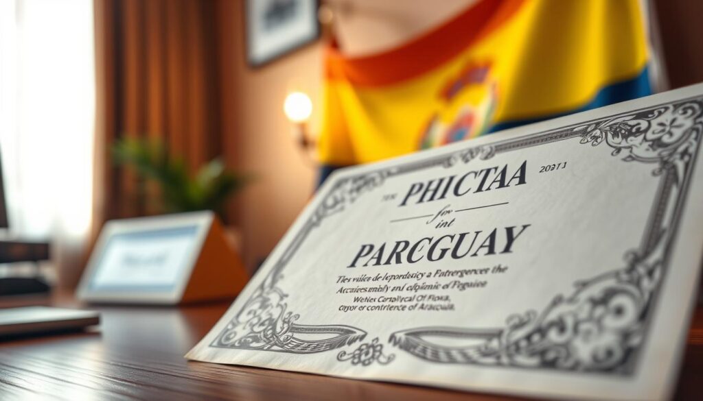 A close-up view of a doctor's medical diploma prominently displayed on a wooden desk, the certificate's intricate patterns and embossed text conveying a sense of authenticity. The diploma's edges are slightly worn, hinting at its provenance from Paraguay. Soft, warm lighting illuminates the scene, creating a professional yet tranquil atmosphere. In the background, a blurred representation of the Paraguayan flag subtly reinforces the diploma's origin. The overall composition suggests the legitimacy and legality of the medical credential, aligning with the article's exploration of the process of acquiring a medical degree in Paraguay. A close-up view of a doctor's medical diploma prominently displayed on a wooden desk, the certificate's intricate patterns and embossed text conveying a sense of authenticity. The diploma's edges are slightly worn, hinting at its provenance from Paraguay. Soft, warm lighting illuminates the scene, creating a professional yet tranquil atmosphere. In the background, a blurred representation of the Paraguayan flag subtly reinforces the diploma's origin. The overall composition suggests the legitimacy and legality of the medical credential, aligning with the article's exploration of the process of acquiring a medical degree in Paraguay.