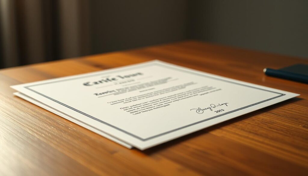 Comprar Diploma Morrinhos: Realiza seu Diploma 1 A close-up view of a personalized academic document, neatly arranged on a wooden desk. The document features a clean, minimalist design with a sophisticated color palette, conveying a sense of professionalism and authenticity. The lighting is soft and diffused, creating a warm, inviting atmosphere. The document's edges are crisp, and the texture of the paper is evident, suggesting high-quality materials. In the background, a blurred, neutral backdrop allows the document to be the focal point, emphasizing its importance and significance. The overall impression is one of a customized, premium-quality academic credential that speaks to the recipient's achievements and expertise.