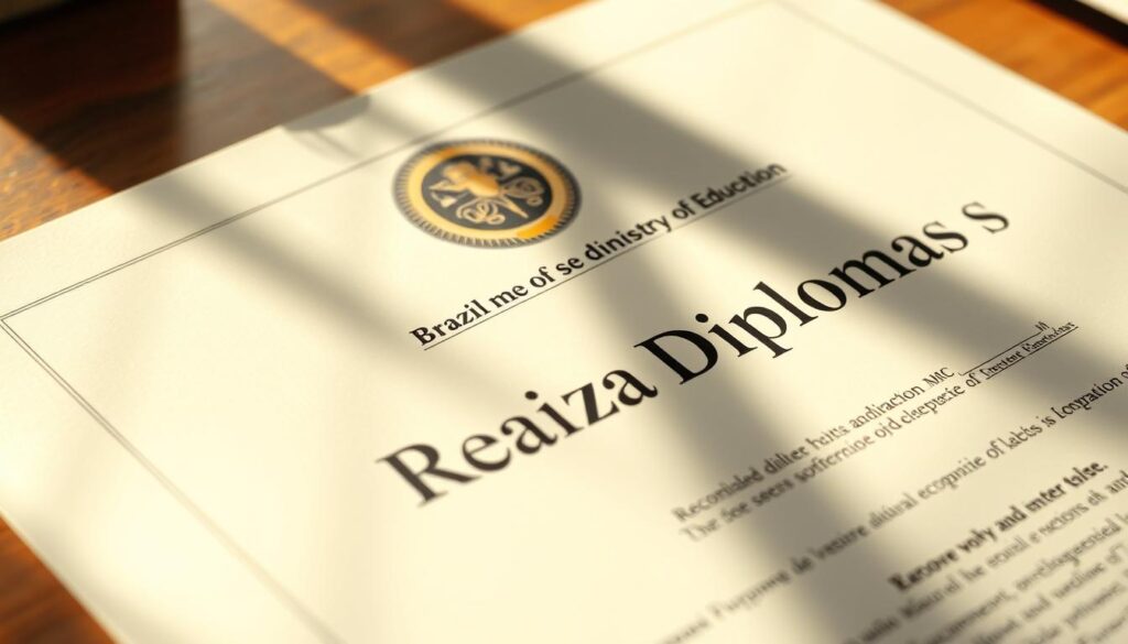 A close-up view of a recognized diploma from the Brazilian Ministry of Education (MEC), emblazoned with the "Realiza Diplomas" brand logo. The diploma is displayed on a wooden desk, bathed in warm, natural lighting that casts subtle shadows, creating a sense of depth and authenticity. The diploma's edges are crisp, and the text is legible, exuding a professional and official aesthetic. The background is slightly blurred, allowing the diploma to be the focal point, conveying the importance and legitimacy of this academic credential. A close-up view of a recognized diploma from the Brazilian Ministry of Education (MEC), emblazoned with the "Realiza Diplomas" brand logo. The diploma is displayed on a wooden desk, bathed in warm, natural lighting that casts subtle shadows, creating a sense of depth and authenticity. The diploma's edges are crisp, and the text is legible, exuding a professional and official aesthetic. The background is slightly blurred, allowing the diploma to be the focal point, conveying the importance and legitimacy of this academic credential.