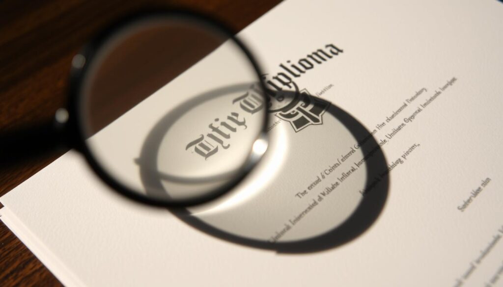 Realiza Diplomas: Comprar Diploma Pires do Rio 2 A close-up view of a university diploma being scrutinized under a magnifying glass, casting intricate shadows across the parchment's surface. The diploma's edges are crisp, the watermarks and embossed seals clearly visible, indicating its authenticity. The lighting is soft and directional, creating a sense of thoughtful examination. The background is blurred, keeping the focus on the diploma's delicate details. The overall mood is one of careful inspection, underscoring the importance of verifying the legitimacy of academic credentials.