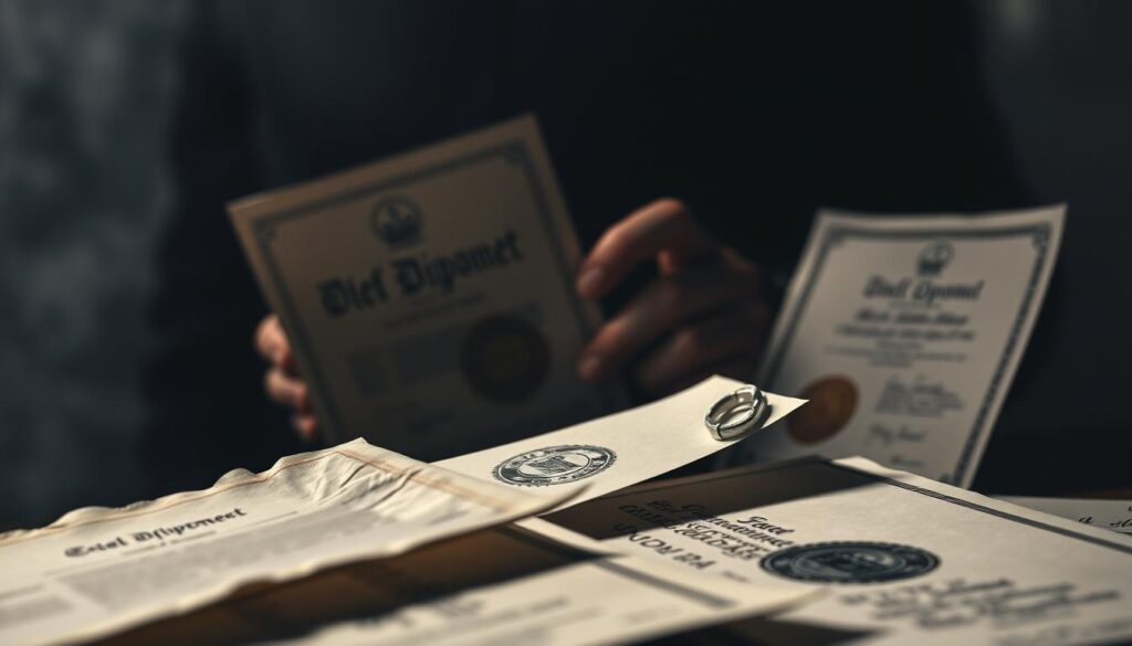 A close-up view of counterfeit documents, including falsified diplomas, certificates, and other official-looking papers. The foreground displays crumpled, worn, and tattered pages with blurred text and seals, conveying a sense of illegitimacy and unreliability. The middle ground features a shadowy, unseen hand holding the documents, evoking a clandestine, illicit transaction. The background is hazy and indistinct, creating an atmosphere of secrecy and unease. The lighting is dramatic, with stark contrasts and deep shadows, adding to the somber, foreboding mood. The overall image reflects the risks and consequences of engaging in the production or purchase of forged educational credentials. A close-up view of counterfeit documents, including falsified diplomas, certificates, and other official-looking papers. The foreground displays crumpled, worn, and tattered pages with blurred text and seals, conveying a sense of illegitimacy and unreliability. The middle ground features a shadowy, unseen hand holding the documents, evoking a clandestine, illicit transaction. The background is hazy and indistinct, creating an atmosphere of secrecy and unease. The lighting is dramatic, with stark contrasts and deep shadows, adding to the somber, foreboding mood. The overall image reflects the risks and consequences of engaging in the production or purchase of forged educational credentials.