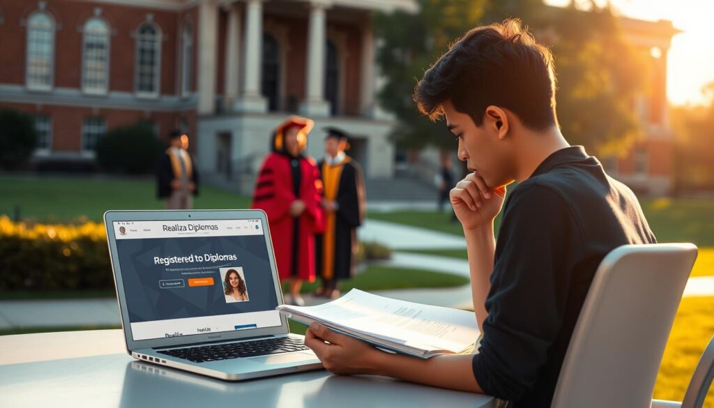 A college campus setting, bathed in warm afternoon light. In the foreground, a student seated at a desk, intently studying a stack of documents. Beside them, a laptop displaying the "Realiza Diplomas" website, showcasing their services for obtaining a registered diploma. The middle ground features faculty members in academic regalia, symbolizing the official endorsement of the diplomas. In the background, a stately university building, conveying a sense of prestige and legitimacy. The overall atmosphere is one of professionalism and credibility, reflecting the reliable process of acquiring a registered diploma from Realiza Diplomas. A college campus setting, bathed in warm afternoon light. In the foreground, a student seated at a desk, intently studying a stack of documents. Beside them, a laptop displaying the "Realiza Diplomas" website, showcasing their services for obtaining a registered diploma. The middle ground features faculty members in academic regalia, symbolizing the official endorsement of the diplomas. In the background, a stately university building, conveying a sense of prestige and legitimacy. The overall atmosphere is one of professionalism and credibility, reflecting the reliable process of acquiring a registered diploma from Realiza Diplomas.