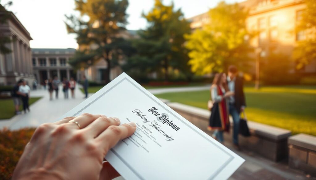 Comprar Diploma Inhumas: Diplomas Personalizados 2 A college campus with a focus on a diploma being protected from fraud. In the foreground, a hand carefully sealing a diploma envelope, using security measures like holograms and watermarks. In the middle ground, students walking and discussing diploma authenticity. In the background, the university's grand architecture and lush greenery, conveying a sense of tradition and legitimacy. Warm, golden lighting casts a sense of security and trust. The scene is shot from a slightly elevated angle, giving an overview of the careful process of obtaining a genuine diploma.