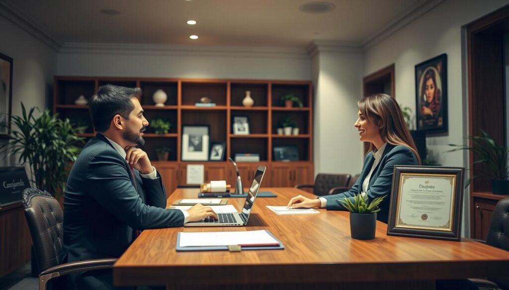 A cozy, well-lit office setting, with a wooden desk and a professional-looking person sitting behind it, assisting a client. The desk is neatly organized, with a laptop, a few diplomas displayed prominently, and a warm, inviting atmosphere. The client and the assistant are engaged in a friendly, collaborative discussion, showcasing the personalized service and attention to detail that the business offers. The lighting is soft and directional, creating a sense of professionalism and expertise. The background features subtle, elegant decor, such as bookshelves or artwork, that reinforces the establishment's commitment to quality and attention to detail. A cozy, well-lit office setting, with a wooden desk and a professional-looking person sitting behind it, assisting a client. The desk is neatly organized, with a laptop, a few diplomas displayed prominently, and a warm, inviting atmosphere. The client and the assistant are engaged in a friendly, collaborative discussion, showcasing the personalized service and attention to detail that the business offers. The lighting is soft and directional, creating a sense of professionalism and expertise. The background features subtle, elegant decor, such as bookshelves or artwork, that reinforces the establishment's commitment to quality and attention to detail.