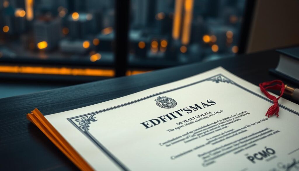 A crisp, formal diploma certificate resting on a dark wooden desk, illuminated by warm, soft lighting. The diploma's parchment-like surface reflects the prestigious nature of an Administration degree, embellished with intricate patterns and an embossed university seal. In the background, a blurred cityscape suggests the certificate's value in the thriving Brazilian business landscape. The overall mood conveys a sense of academic achievement and career-readiness, capturing the essence of the "Comprar diploma de Administração" subject. A crisp, formal diploma certificate resting on a dark wooden desk, illuminated by warm, soft lighting. The diploma's parchment-like surface reflects the prestigious nature of an Administration degree, embellished with intricate patterns and an embossed university seal. In the background, a blurred cityscape suggests the certificate's value in the thriving Brazilian business landscape. The overall mood conveys a sense of academic achievement and career-readiness, capturing the essence of the "Comprar diploma de Administração" subject.
