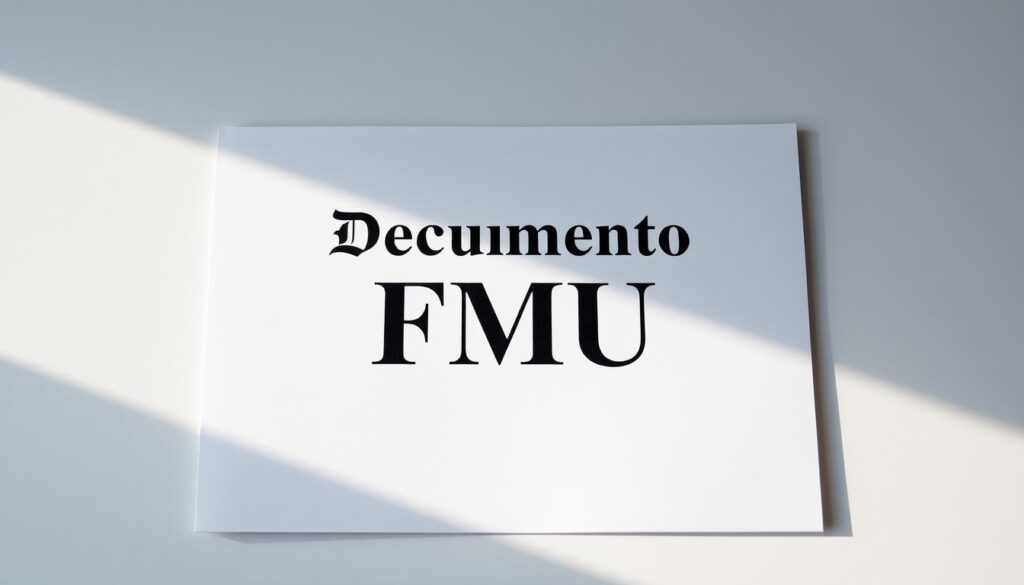 A crisp, formal-looking document with the prominent title "Documento FMU" displayed in the center. The document has a clean, professional layout with minimal design elements, conveying a sense of legitimacy and authenticity. The page is illuminated by soft, natural lighting, casting subtle shadows and highlights that add depth and dimension. The background is a plain, neutral tone, keeping the focus on the central document. The overall impression is one of a secure, official-looking credential that could plausibly be a genuine diploma from the FMU university. A crisp, formal-looking document with the prominent title "Documento FMU" displayed in the center. The document has a clean, professional layout with minimal design elements, conveying a sense of legitimacy and authenticity. The page is illuminated by soft, natural lighting, casting subtle shadows and highlights that add depth and dimension. The background is a plain, neutral tone, keeping the focus on the central document. The overall impression is one of a secure, official-looking credential that could plausibly be a genuine diploma from the FMU university.