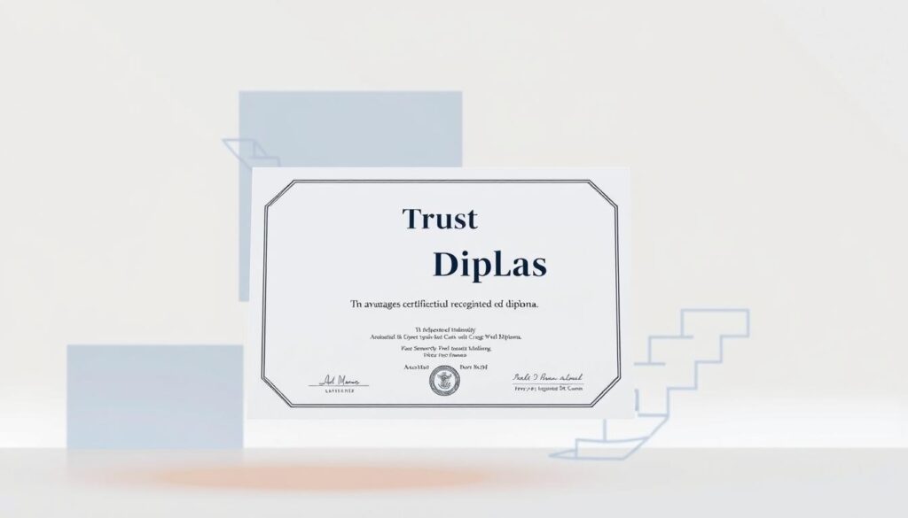 A crisp, professional diploma floating in the foreground, its edges illuminated by a warm, diffused light. Behind it, a clean, minimalist background featuring clean geometric shapes and patterns in calming shades of blue and gray, conveying a sense of trust, legitimacy, and academic excellence. The diploma's presence commands attention, while the supporting elements create a sophisticated, elegant composition that visually communicates the advantages of obtaining a recognized, MEC-registered diploma. A crisp, professional diploma floating in the foreground, its edges illuminated by a warm, diffused light. Behind it, a clean, minimalist background featuring clean geometric shapes and patterns in calming shades of blue and gray, conveying a sense of trust, legitimacy, and academic excellence. The diploma's presence commands attention, while the supporting elements create a sophisticated, elegant composition that visually communicates the advantages of obtaining a recognized, MEC-registered diploma.
