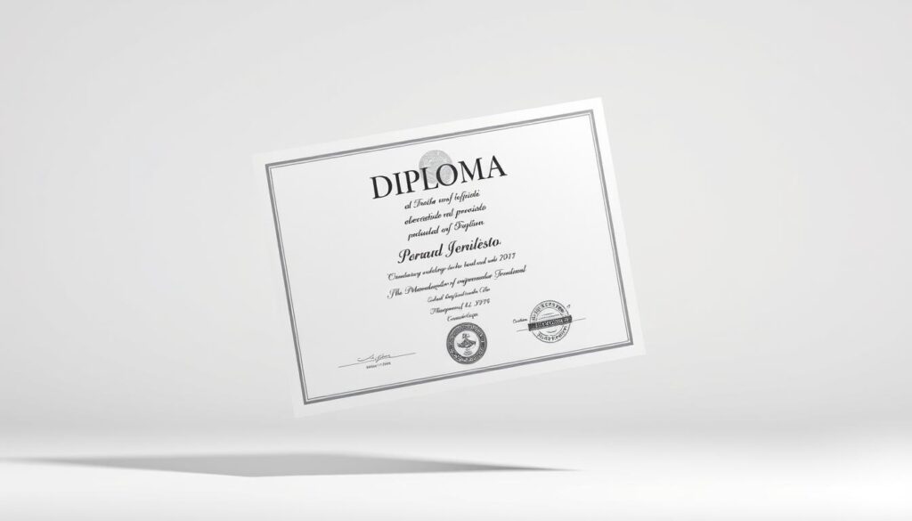 A crisp, realistic diploma certificate floating in a well-lit, minimalist setting. The diploma has a clean, formal design with embossed seals, signatures, and an official-looking logo. The paper texture appears authentic, with a slight sheen. Subtle shadows and highlights add depth and dimension. The background is a soft, neutral color that allows the diploma to take center stage. The overall composition conveys a sense of professional achievement and legitimacy, befitting the value of a technical degree in the Brazilian job market. A crisp, realistic diploma certificate floating in a well-lit, minimalist setting. The diploma has a clean, formal design with embossed seals, signatures, and an official-looking logo. The paper texture appears authentic, with a slight sheen. Subtle shadows and highlights add depth and dimension. The background is a soft, neutral color that allows the diploma to take center stage. The overall composition conveys a sense of professional achievement and legitimacy, befitting the value of a technical degree in the Brazilian job market.