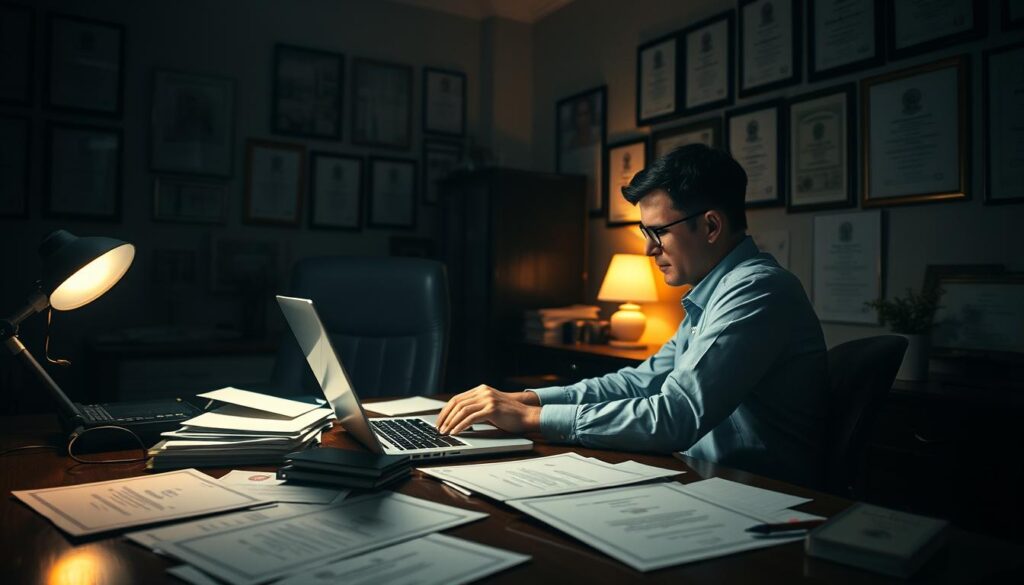 A dimly lit office scene, with a person sitting at a desk intently focused on a laptop screen. On the desk, various documents, including diploma certificates, are scattered. The office walls are adorned with diplomas, conveying a sense of academic accomplishment. Soft, warm lighting creates a cozy, yet slightly unsettling atmosphere, hinting at the complex nature of the "processo de compra de diploma" process. The scene exudes a sense of professionalism, yet with an underlying air of ambiguity, reflecting the nuanced and potentially controversial subject matter. A dimly lit office scene, with a person sitting at a desk intently focused on a laptop screen. On the desk, various documents, including diploma certificates, are scattered. The office walls are adorned with diplomas, conveying a sense of academic accomplishment. Soft, warm lighting creates a cozy, yet slightly unsettling atmosphere, hinting at the complex nature of the "processo de compra de diploma" process. The scene exudes a sense of professionalism, yet with an underlying air of ambiguity, reflecting the nuanced and potentially controversial subject matter.