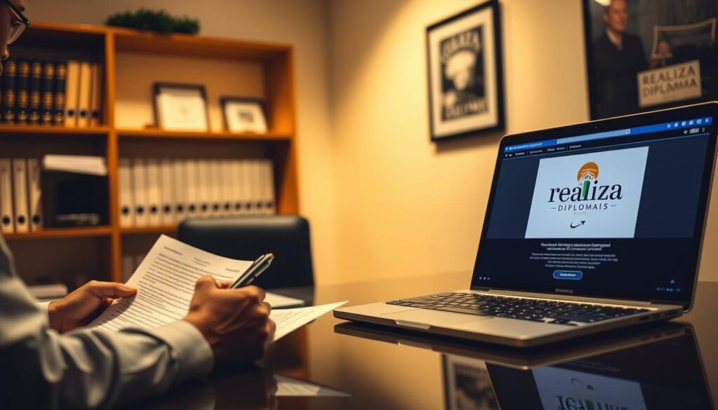 A dimly lit office setting, showcasing the process of obtaining a registered diploma from Realiza Diplomas. In the foreground, a person sitting at a desk, meticulously filling out forms and handling official-looking documents. The middle ground features a laptop displaying the Realiza Diplomas website, with its logo prominently displayed. The background suggests a sense of professionalism and legality, with shelves of books and a framed certificate on the wall. The lighting is warm and inviting, creating a comfortable atmosphere for the transaction. The overall scene conveys the ease and legitimacy of the diploma purchase process through Realiza Diplomas. A dimly lit office setting, showcasing the process of obtaining a registered diploma from Realiza Diplomas. In the foreground, a person sitting at a desk, meticulously filling out forms and handling official-looking documents. The middle ground features a laptop displaying the Realiza Diplomas website, with its logo prominently displayed. The background suggests a sense of professionalism and legality, with shelves of books and a framed certificate on the wall. The lighting is warm and inviting, creating a comfortable atmosphere for the transaction. The overall scene conveys the ease and legitimacy of the diploma purchase process through Realiza Diplomas.