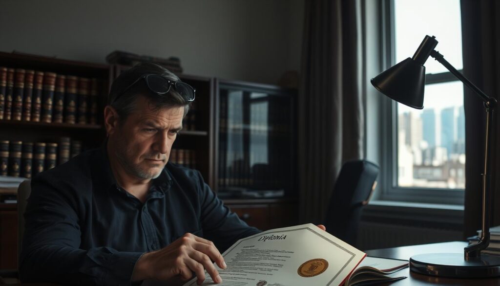 A dimly lit office space, a sense of caution and vigilance pervades. In the foreground, a person sits at a desk, carefully examining a diploma, brow furrowed with concern. The diploma's authenticity is scrutinized, its watermarks and seals closely inspected under the soft glow of a desk lamp. The middle ground reveals a bookshelf, filled with legal tomes and documents, hinting at the need for thorough research and due diligence. In the background, a window offers a glimpse of the cityscape, a reminder of the broader context in which this acquisition takes place. The overall atmosphere conveys the gravity and importance of making a well-informed decision when acquiring an official diploma. A dimly lit office space, a sense of caution and vigilance pervades. In the foreground, a person sits at a desk, carefully examining a diploma, brow furrowed with concern. The diploma's authenticity is scrutinized, its watermarks and seals closely inspected under the soft glow of a desk lamp. The middle ground reveals a bookshelf, filled with legal tomes and documents, hinting at the need for thorough research and due diligence. In the background, a window offers a glimpse of the cityscape, a reminder of the broader context in which this acquisition takes place. The overall atmosphere conveys the gravity and importance of making a well-informed decision when acquiring an official diploma.