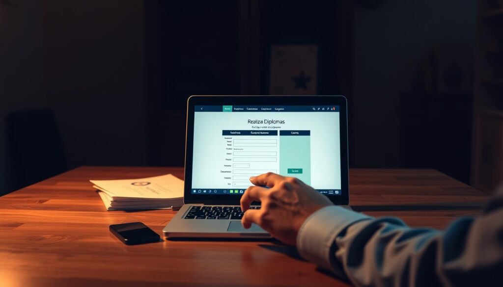 A dimly lit office space, where a wooden desk takes center stage. On it, a laptop displays the "Realiza Diplomas" website, showcasing the process of purchasing a diploma. In the foreground, a person's hands carefully navigate the online form, filling out details with a focused expression. The middle ground features a stack of official-looking documents, hinting at the legality and authenticity of the process. The background is shrouded in a soft, warm lighting, creating a sense of professionalism and trust. The overall scene conveys the secure and straightforward nature of the "Processo de compra de diploma" offered by Realiza Diplomas. A dimly lit office space, where a wooden desk takes center stage. On it, a laptop displays the "Realiza Diplomas" website, showcasing the process of purchasing a diploma. In the foreground, a person's hands carefully navigate the online form, filling out details with a focused expression. The middle ground features a stack of official-looking documents, hinting at the legality and authenticity of the process. The background is shrouded in a soft, warm lighting, creating a sense of professionalism and trust. The overall scene conveys the secure and straightforward nature of the "Processo de compra de diploma" offered by Realiza Diplomas.