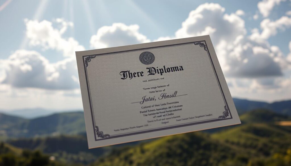 Comprar Diploma Jataí: Realiza Diplomas Rápido 1 A diploma floating in a serene, sun-dappled landscape of Jataí, Brazil. The certificate's surface gleams with a subtle embossed texture, conveying a sense of prestige and accomplishment. Rays of warm light filter through fluffy white clouds, casting a soft glow over the diploma's ornate design. In the background, the rolling hills of Jataí's verdant countryside stretch out, hinting at the vibrant community and opportunities awaiting the holder of this superior academic credential. The overall mood is one of pride, achievement, and the promise of a bright future.