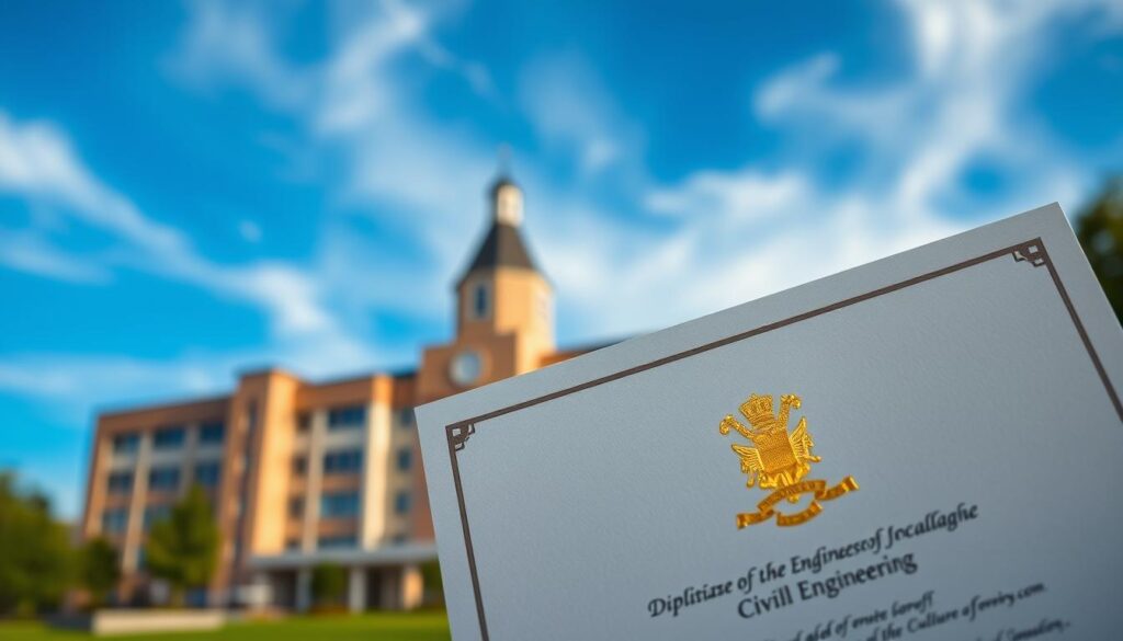 A diploma of civil engineering against a blurred background of a modern university campus. The diploma is prominently displayed in the foreground, with a warm, golden light illuminating its embossed crest and official seal. The campus buildings in the middle ground are softly out of focus, conveying a sense of prestige and academic excellence. The sky above is a deep, azure blue, with wispy clouds adding a touch of serenity. The overall mood is one of accomplishment, credibility, and the value of a recognized MEC (Ministry of Education and Culture) civil engineering degree. A diploma of civil engineering against a blurred background of a modern university campus. The diploma is prominently displayed in the foreground, with a warm, golden light illuminating its embossed crest and official seal. The campus buildings in the middle ground are softly out of focus, conveying a sense of prestige and academic excellence. The sky above is a deep, azure blue, with wispy clouds adding a touch of serenity. The overall mood is one of accomplishment, credibility, and the value of a recognized MEC (Ministry of Education and Culture) civil engineering degree.