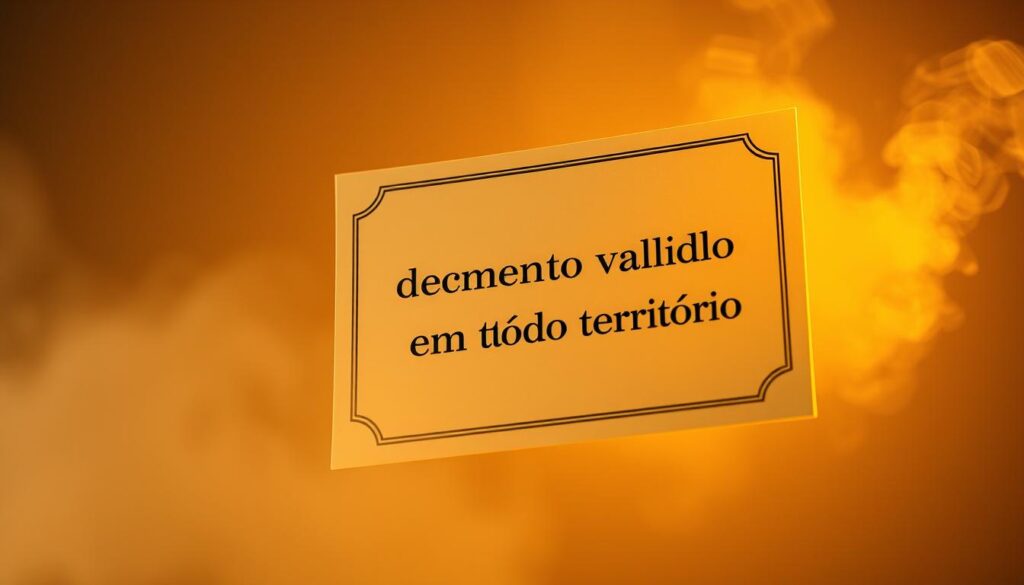 Comprar Diploma Catalão Online - Realiza Dipl. 2 A document with the text "documento válido em todo território" floats in the center of the frame, illuminated by warm, diffused lighting. The document has a sophisticated, official appearance, with a glossy, embossed surface and clean, formal typography. It is surrounded by a subtle haze, creating a sense of depth and atmosphere. The background is a muted, neutral tone, allowing the document to take center stage. The overall mood is one of authority, legitimacy, and professionalism, reflecting the credibility and validity of the document being depicted.