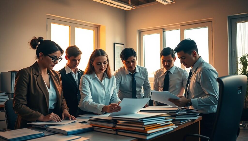 A focused team of educational document specialists, dressed in professional attire, gathered around a desk covered in paperwork and diplomas. Warm, natural lighting from a large window illuminates their concentrated expressions as they meticulously review and process educational credentials. The room has a sense of orderliness and attention to detail, reflecting the team's expertise in providing authentic, registered diplomas from the Brazilian Ministry of Education (MEC). An atmosphere of professionalism and dedication pervades the scene. A focused team of educational document specialists, dressed in professional attire, gathered around a desk covered in paperwork and diplomas. Warm, natural lighting from a large window illuminates their concentrated expressions as they meticulously review and process educational credentials. The room has a sense of orderliness and attention to detail, reflecting the team's expertise in providing authentic, registered diplomas from the Brazilian Ministry of Education (MEC). An atmosphere of professionalism and dedication pervades the scene.