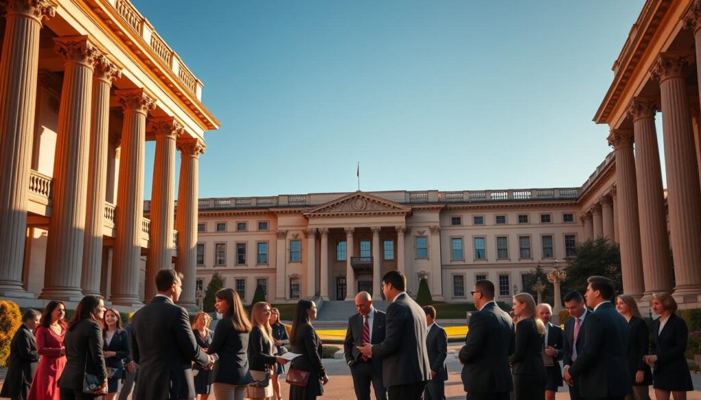 A grand, ornate university campus set against a clear blue sky, with towering columns and grand archways leading to a majestic central building. In the foreground, a group of students in formal attire, some shaking hands with professors, others deep in discussion, conveying the sense of prestige and opportunity that a "Realiza Diplomas" degree from this prestigious institution provides. Warm, golden lighting illuminates the scene, creating a feeling of elegance and achievement. The image should evoke the benefits of a higher education diploma, including career advancement, intellectual growth, and the prestige associated with this level of academic accomplishment. A grand, ornate university campus set against a clear blue sky, with towering columns and grand archways leading to a majestic central building. In the foreground, a group of students in formal attire, some shaking hands with professors, others deep in discussion, conveying the sense of prestige and opportunity that a "Realiza Diplomas" degree from this prestigious institution provides. Warm, golden lighting illuminates the scene, creating a feeling of elegance and achievement. The image should evoke the benefits of a higher education diploma, including career advancement, intellectual growth, and the prestige associated with this level of academic accomplishment.