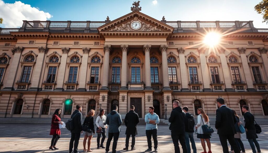 A grand, stately building stands tall, its façade adorned with intricate carvings and majestic columns. Sunlight streams through the ornate windows, casting a warm glow on the surrounding grounds. In the foreground, a group of students in formal attire gather, discussing the significance of the structure before them - the embodiment of higher education and the laws that govern it. The scene conveys a sense of gravitas and intellectual rigor, reflecting the seriousness of the topic "A Legalidade de Comprar um Diploma." The overall atmosphere evokes a sense of tradition, authority, and the importance of adhering to established educational standards. A grand, stately building stands tall, its façade adorned with intricate carvings and majestic columns. Sunlight streams through the ornate windows, casting a warm glow on the surrounding grounds. In the foreground, a group of students in formal attire gather, discussing the significance of the structure before them - the embodiment of higher education and the laws that govern it. The scene conveys a sense of gravitas and intellectual rigor, reflecting the seriousness of the topic "A Legalidade de Comprar um Diploma." The overall atmosphere evokes a sense of tradition, authority, and the importance of adhering to established educational standards.