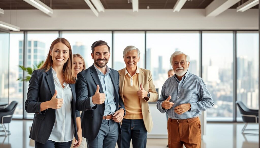 Comprar Diploma Palmeiras de Goiás - Realiza Diplomas 2 A group of cheerful, satisfied customers standing in a well-lit, modern office space. In the foreground, three individuals - a young professional, a middle-aged executive, and an elderly retiree - smile warmly and give a thumbs-up, conveying their positive experience. The middle ground features a reception desk with a friendly staff member assisting a customer. In the background, a large window offers a view of a bustling city skyline, adding a sense of professionalism and success. The overall scene exudes a mood of trust, reliability, and customer satisfaction.