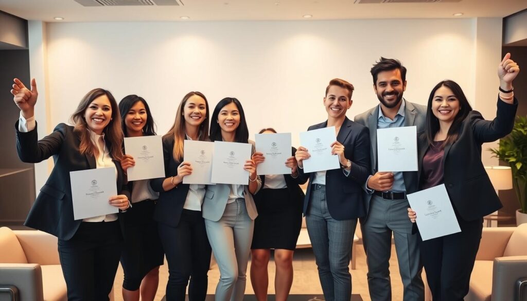 Comprar Diploma Cristalina: Como Realizar Diplomas? 2 A group of professionals enthusiastically holding their diplomas, faces beaming with pride and accomplishment. They stand in a well-lit, modern office setting, dressed in smart business attire. The diplomas are crisp and freshly minted, reflecting the success of their higher education journeys. The background features sleek, contemporary furniture and decor, conveying a sense of professionalism and achievement. Soft, directional lighting casts a warm, celebratory glow, capturing the moment of triumph and fulfillment. The overall scene exudes a mood of celebration, validation, and the rewarding culmination of their educational pursuits.