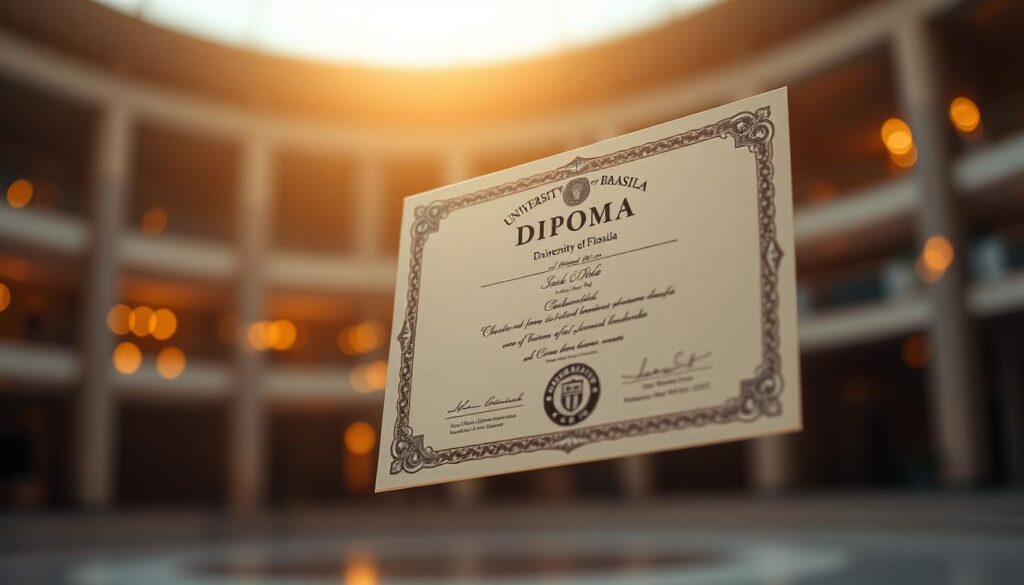 A high-quality diploma from the prestigious University of Brasilia (UNB) floating in the air, bathed in a warm, golden light that casts a subtle glow. The document is elegantly designed, with intricate patterns and official seals, exuding a sense of prestige and authenticity. The background is a blurred, out-of-focus scene, allowing the diploma to take center stage and command attention. The overall composition conveys a feeling of exclusivity and accomplishment, as if the viewer is being granted access to this coveted academic credential. A high-quality diploma from the prestigious University of Brasilia (UNB) floating in the air, bathed in a warm, golden light that casts a subtle glow. The document is elegantly designed, with intricate patterns and official seals, exuding a sense of prestige and authenticity. The background is a blurred, out-of-focus scene, allowing the diploma to take center stage and command attention. The overall composition conveys a feeling of exclusivity and accomplishment, as if the viewer is being granted access to this coveted academic credential.
