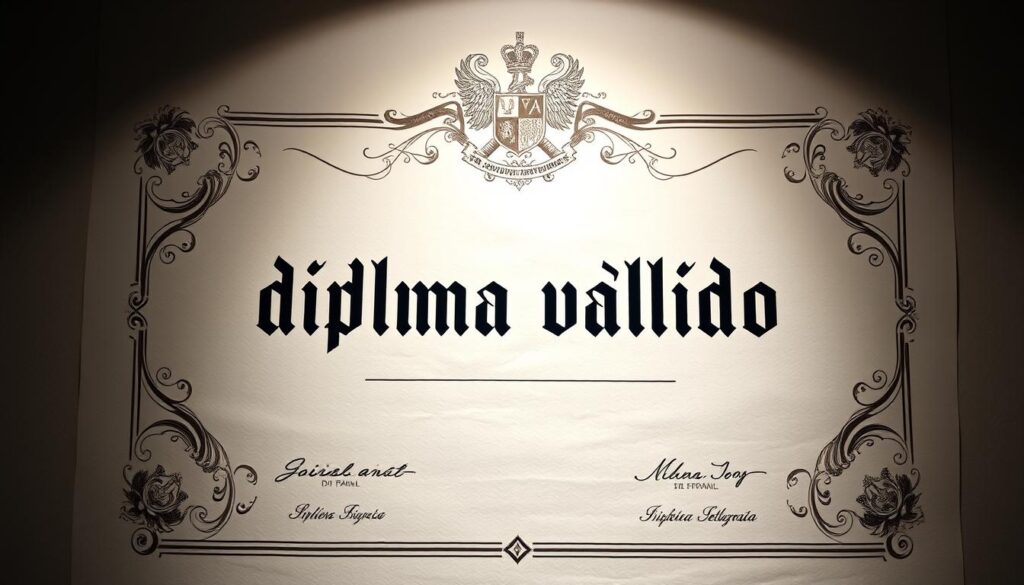Comprar Diploma Palmeiras de Goiás - Realiza Diplomas 1 A high-quality, official-looking diploma with the text "diploma válido" prominently displayed in the center. The diploma should have a formal, professional appearance, with an intricate design featuring ornate calligraphic elements, seals, and other decorative features that convey a sense of authenticity and legitimacy. The diploma should be lit from above, creating soft, even shadows that accentuate the textured surface and lending an air of gravitas. The background should be a neutral, muted tone that allows the diploma to take center stage, with minimal distractions. The overall impression should be one of a legitimate, government-issued document suitable for display in a professional setting.