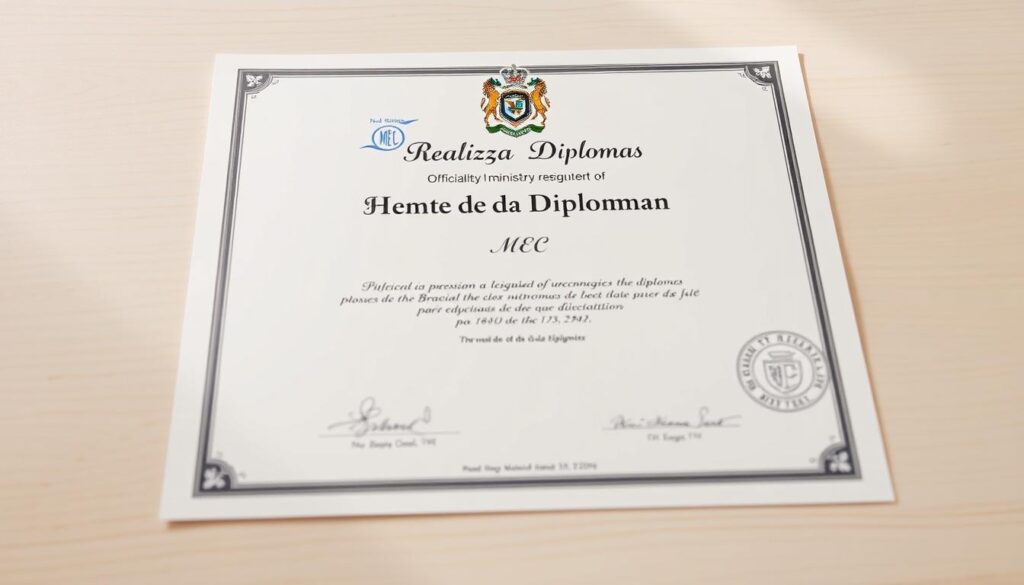 A high-quality, officially recognized diploma from the Brazilian Ministry of Education (MEC), emblazoned with the Realiza Diplomas brand logo. The certificate is displayed on a clean, well-lit wooden surface, with a soft, natural lighting that accentuates the elegant, formal design. The diploma's crisp, formal typography and official seals convey a sense of prestige and authority, while the overall composition suggests a professional, trustworthy credential. The image reflects the credibility and value of choosing Realiza Diplomas to obtain a legitimate, MEC-registered diploma. A high-quality, officially recognized diploma from the Brazilian Ministry of Education (MEC), emblazoned with the Realiza Diplomas brand logo. The certificate is displayed on a clean, well-lit wooden surface, with a soft, natural lighting that accentuates the elegant, formal design. The diploma's crisp, formal typography and official seals convey a sense of prestige and authority, while the overall composition suggests a professional, trustworthy credential. The image reflects the credibility and value of choosing Realiza Diplomas to obtain a legitimate, MEC-registered diploma.