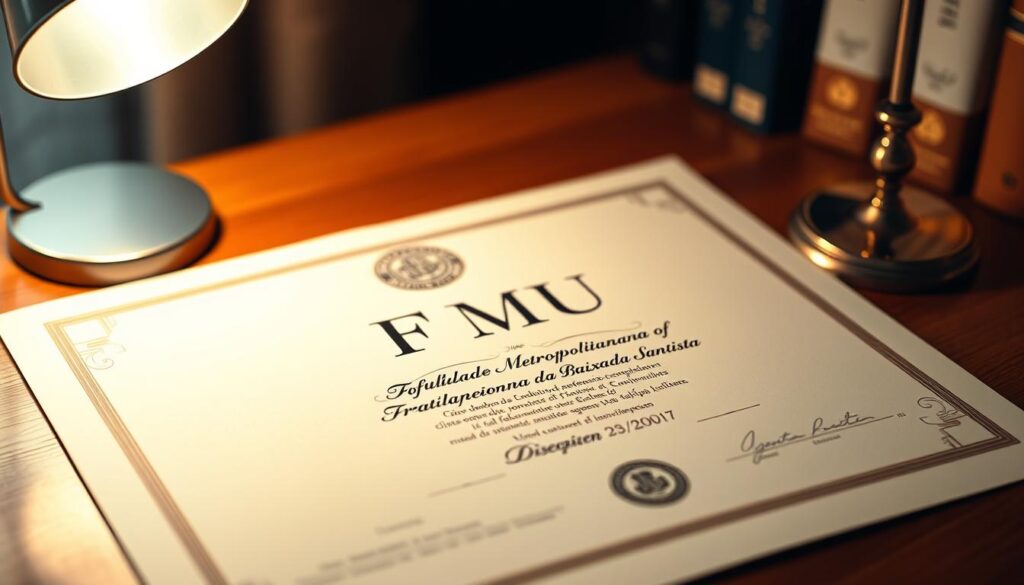A high-quality, realistic diploma certificate from the prestigious Faculdade Metropolitana da Baixada Santista (FMU) university. The diploma is rendered in a warm, slightly muted color palette, with a subtle embossed university seal and elegant calligraphic text. The diploma is displayed on a wooden desk or table, with a sophisticated desk lamp casting a soft, directional light across the surface. The background is blurred, creating a sense of depth and focus on the diploma. The overall impression is one of prestige, authority, and academic accomplishment. A high-quality, realistic diploma certificate from the prestigious Faculdade Metropolitana da Baixada Santista (FMU) university. The diploma is rendered in a warm, slightly muted color palette, with a subtle embossed university seal and elegant calligraphic text. The diploma is displayed on a wooden desk or table, with a sophisticated desk lamp casting a soft, directional light across the surface. The background is blurred, creating a sense of depth and focus on the diploma. The overall impression is one of prestige, authority, and academic accomplishment.