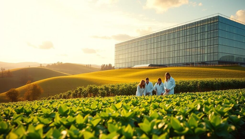 A lush, verdant landscape with rolling hills and a vibrant, sun-dappled field of crops in the foreground. In the middle ground, a group of students in lab coats and protective gear are tending to the crops, their faces alight with enthusiasm and curiosity. In the background, a towering, state-of-the-art agricultural research facility stands, its gleaming glass and steel façade reflecting the sky above. Warm, golden lighting bathes the scene, conveying a sense of productivity, innovation, and the boundless potential of a career in agronomy. The overall atmosphere is one of excitement, discovery, and the profound impact that a degree in agronomy can have on the world. A lush, verdant landscape with rolling hills and a vibrant, sun-dappled field of crops in the foreground. In the middle ground, a group of students in lab coats and protective gear are tending to the crops, their faces alight with enthusiasm and curiosity. In the background, a towering, state-of-the-art agricultural research facility stands, its gleaming glass and steel façade reflecting the sky above. Warm, golden lighting bathes the scene, conveying a sense of productivity, innovation, and the boundless potential of a career in agronomy. The overall atmosphere is one of excitement, discovery, and the profound impact that a degree in agronomy can have on the world.