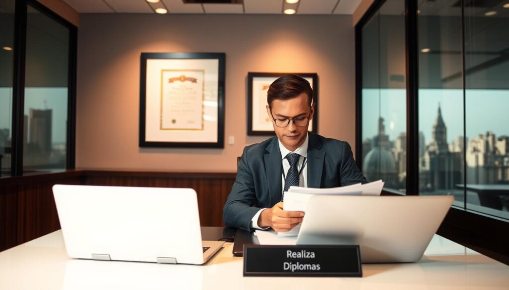 Realiza Diplomas: Comprar Diploma Pires do Rio 1 A modern office interior with a well-dressed businessman sitting at a desk, intently studying a stack of official-looking documents. In the foreground, a laptop and a nameplate that reads "Realiza Diplomas" are prominently displayed. The middle ground features a wall-mounted certificate frame, hinting at the nature of the business. The background showcases a large window overlooking a bustling city skyline, conveying a sense of professionalism and legitimacy. The lighting is warm and directional, creating depth and highlighting the key elements. The overall atmosphere exudes an air of credibility and attention to detail, reflecting the "Como Funciona o Processo de Compra" section of the article.