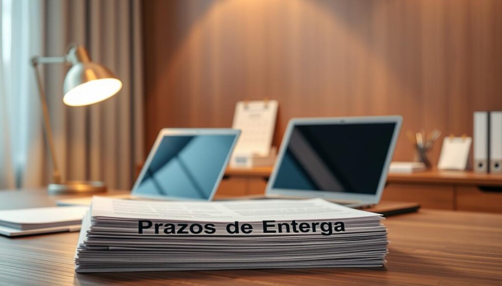 Comprar Diploma Goianira: Realiza Diplomas com Facilidade 2 A modern office setting with an elegant wooden desk, neatly arranged documents, and a minimalist desk lamp casting warm, directional lighting. In the foreground, a stack of documents labeled "Prazos de Entrega" stands out, emphasizing the subject matter. The middle ground features a laptop, pen holder, and a subtle calendar to convey a sense of deadlines and timely delivery. The background is subtly blurred, creating depth and focus on the central documents. The overall atmosphere is one of professionalism, organization, and attention to detail, reflecting the importance of document delivery timelines.