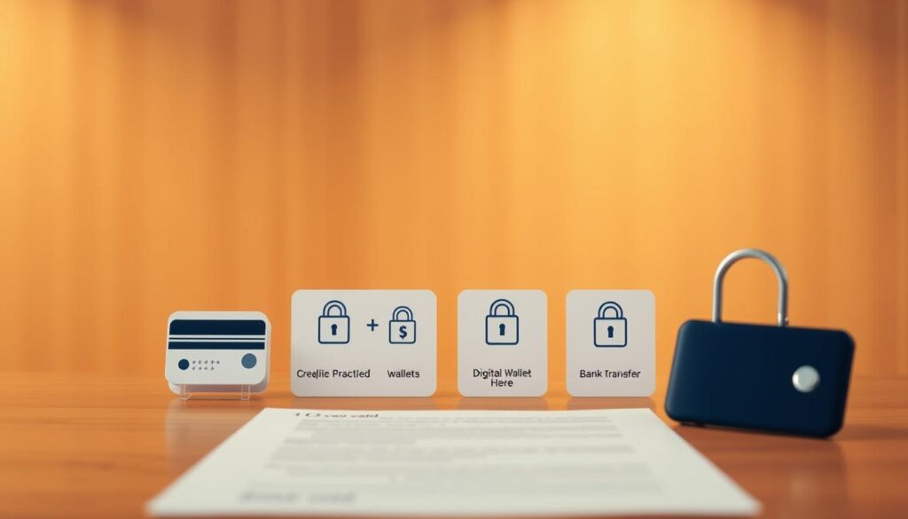 Comprar Diploma Itaberaí: Solução para Diplomas 2 A neatly arranged display of various payment options for official documents, showcased against a warm, inviting backdrop. The foreground features a clean, minimalist design with icons representing credit cards, digital wallets, and bank transfer methods, all presented in a visually appealing and accessible layout. The middle ground showcases a sense of security and trust, with subtle security elements like lock icons or security seals. The background subtly hints at the professional and reliable nature of the service, perhaps with a subtle pattern or texture suggestive of official documents. The overall mood is one of efficiency, convenience, and confidence in the payment process.